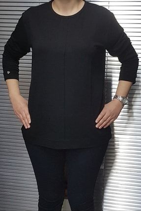 Kadın Büyük Beden Siyah Ön Şerit Ve Arka Düğme Detaylı Uzun Kollu Yuvarlak Yaka Bluz Sts21531 STS21531