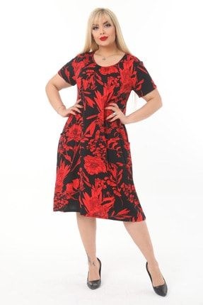 Kadın Yakası Büzgülü Siyah Kırmızı Yaprak Desen Cepli Elbise BLNCP