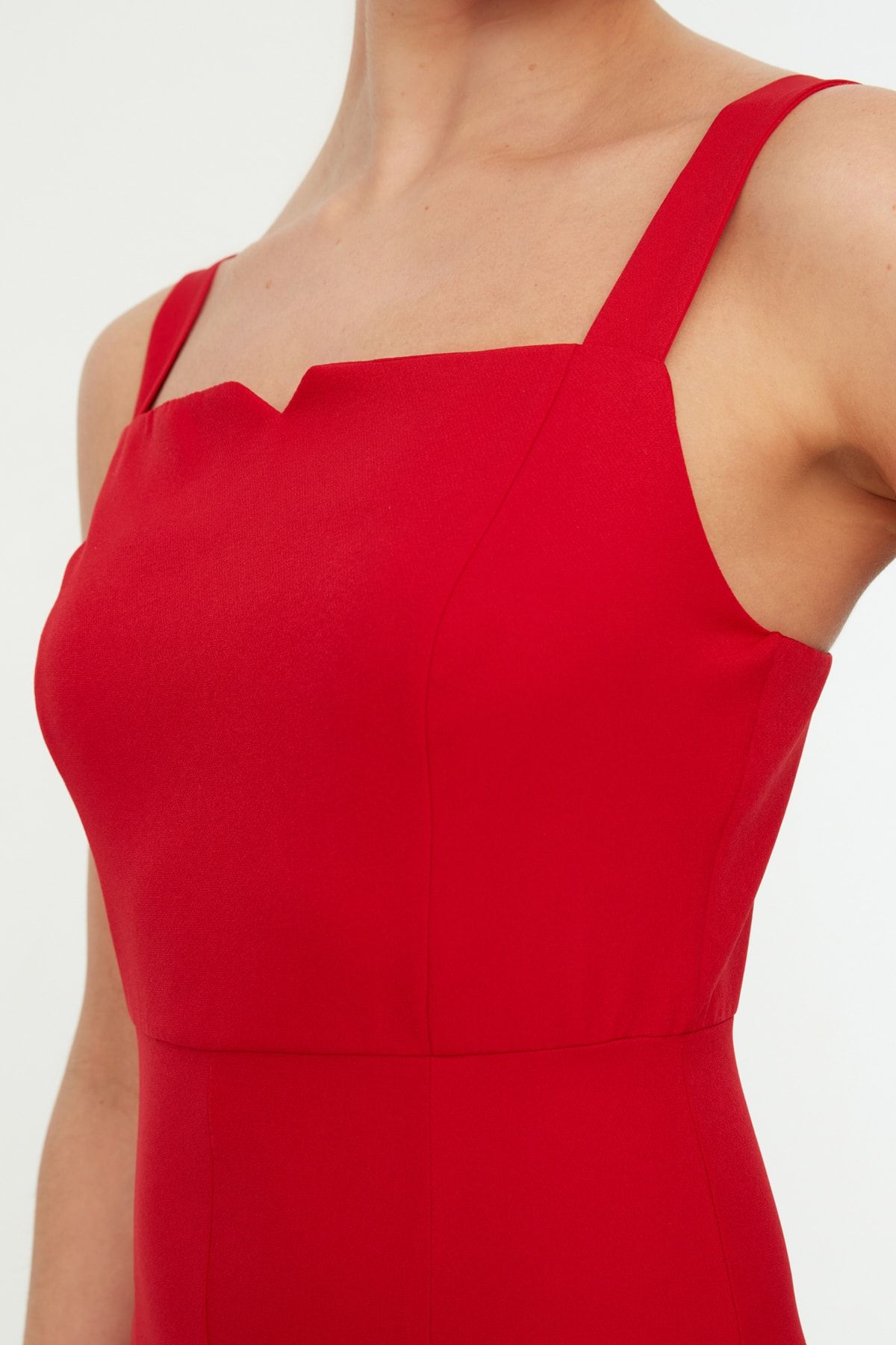 Trendyol Collection-Piros pántos Midi ceruza szoknya ruha - hasított részlet, a test vonalait feltárva TWOSS19BB0216 4