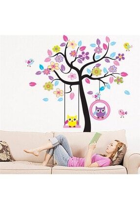 Çocuk Odası Dekorasyonu Dev Boyutlu Xl Renkli Ağaç Ve Baykuşlar Duvar Dekoru Çıkartma SK-79