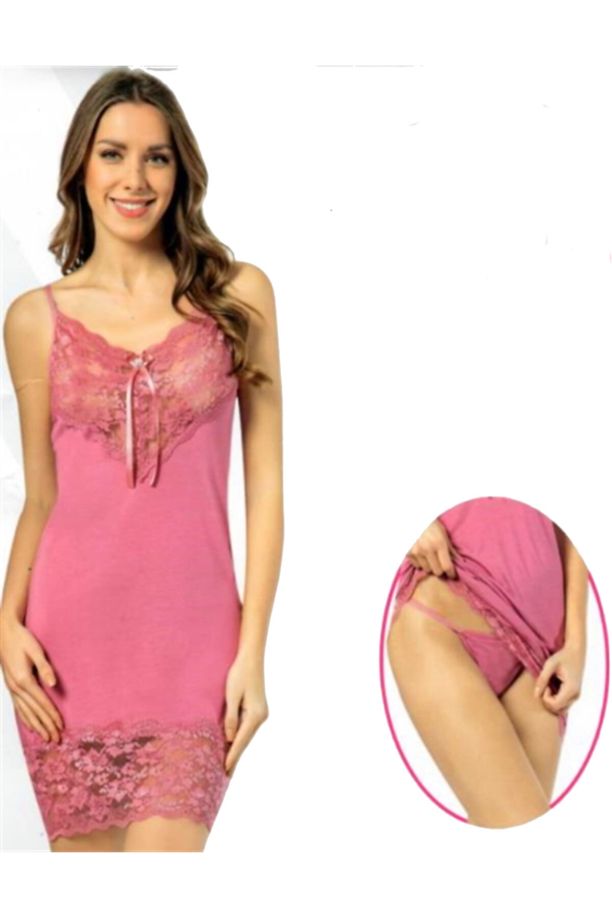 KOTA Kadın Ip Askılı Dantelli Kısa Gecelik Takım