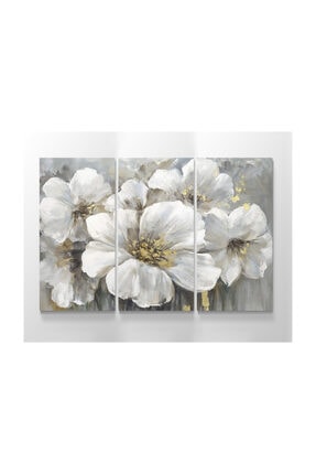 Çiçekli Krem Beyaz Altın Renkli Kanvas Tablo 30x60-30x60-30x60 Cm M3487-3p