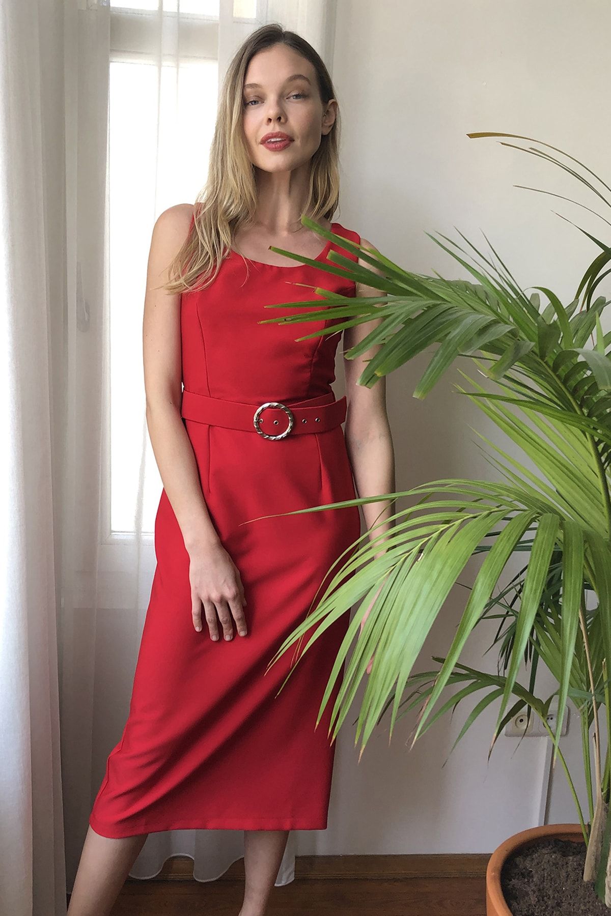 Trendyolmilla Kirmizi Kemerli Elbise Twoss20el2496 Trendyol