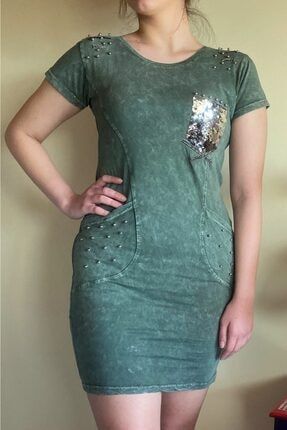 Kadın Cebi Pullu Pamuklu Haki Elbise M-01-E