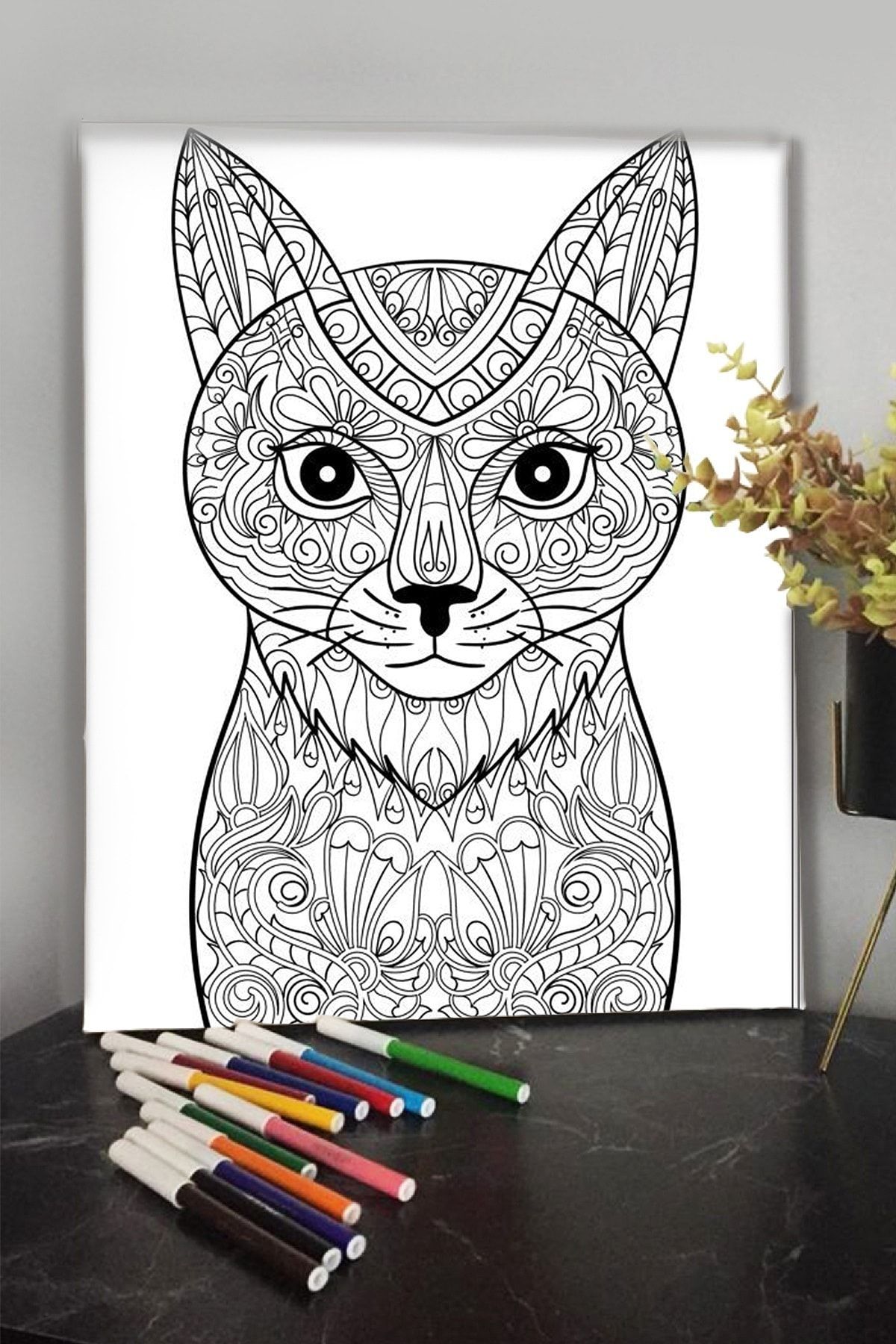 kedi 1 40x30cm cocuklar icin ozel boyanabilir tablo tuval mandala 12li keceli kalem hediyeli