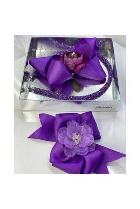 Mor Gül Çiçek Broşlu Luxury Anne Kız Çocuk Hediye Kına Düğün Tak Çıkar Taç 331-LUX-MGÇS