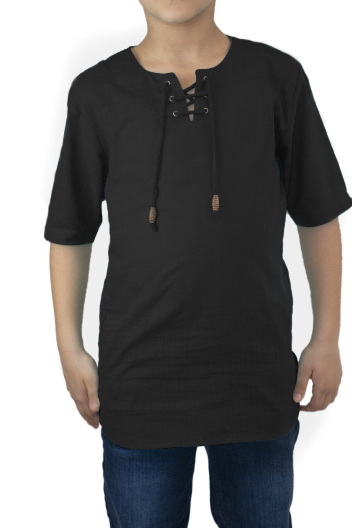 Eliş Şile Bezi تی شرت پسرانه منگنه دار پارچه ای شیله آستین کوتاه مشکی 3003