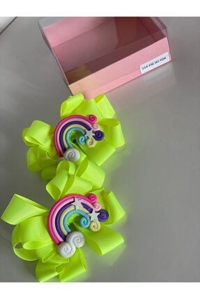 Neon 2' Li Mini Sarı Gökkuşağı Süslü Kız Çocuk Bebek Doğum Günü Hediye Pensli Toka 214-FİG-İKİ-TOK