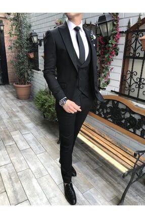 D S Damat Siyah Renk Erkek Yelekli Takim Elbise Slim Fit Trendyol