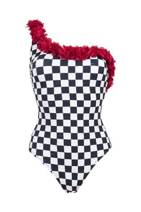 Lovekini Beachwear Queen Bw|r Çiçekli Siyah Beyaz Dama Desenli Çocuk Mayo