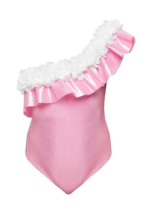Lovekini Beachwear Valentina P|w Tek Omuz Çiçekli Pembe Çocuk Mayo