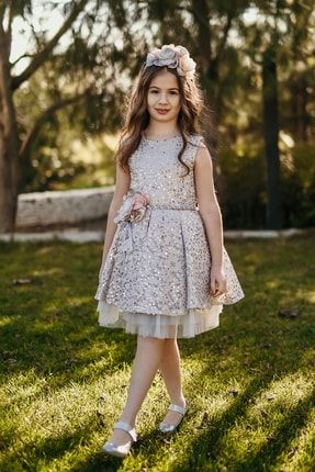 Özel Tasarım Kız Çocuk Elbise, Gri Renk,taç Aksesuarlı, Payetli Dantelli Şık Elbise M2035