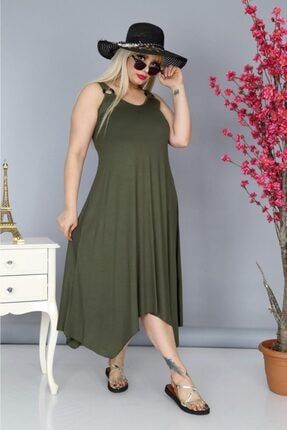 Kadın Yeşil Askılı Omuz Tokalı Asimetrik Elbise HB00140