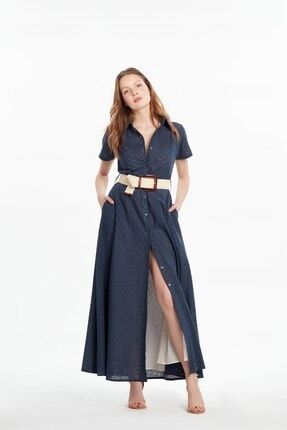 Kadın Dik Yakalı Astarlı Uzun Brode Tasarım Elbise Lacivert ELB1000015