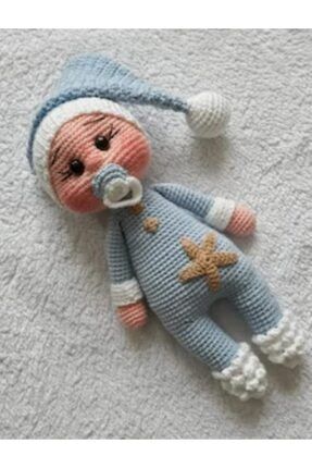 Mavi Emzikli Bebek Uyku Arkadaşı Amigurumi Organik Oyuncak Opmavibebek