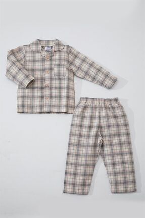 Baby Kız Erkek Çocuk Bej Beyaz Pamuklu Dokuma Ekoseli Uzun Pijama Takımı LG-5210 LG5210