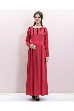 Kadın Kırmızı Dantel Detaylı Uzun Kollu Hamile Elbise 3251_K