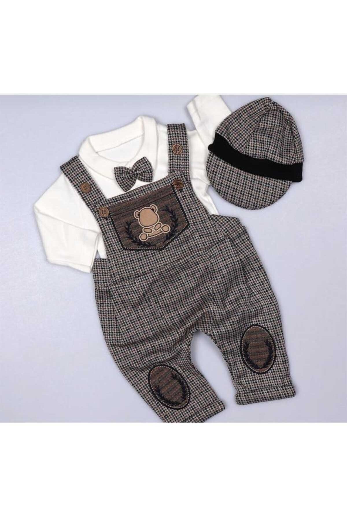 Baby Boy Cap Bow Tie Brown Dungaree Set