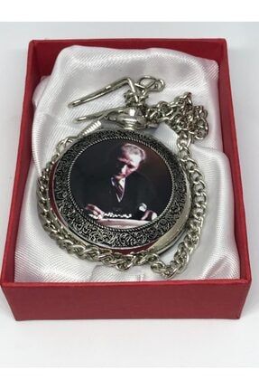 Kadın Gümüş Renk Atatürk Resimli İmzalı Köstekli Cep Saati GMK1938
