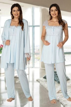 Kadın Mavi Dantel Sabahlıklı Lohusa Pijama Takımı 2301 TXB3C7CA5B25
