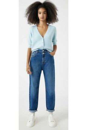 Kadın Mavi Elastik Belli Mom Fit Jeans Denim Kot Orjinal Ithal Bayan Pantolon 16218029