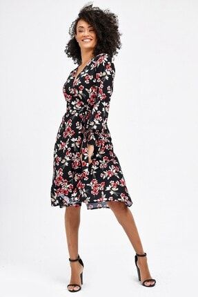 Kadın Siyah Çiçek Desenli Anvelop Elbise 50039