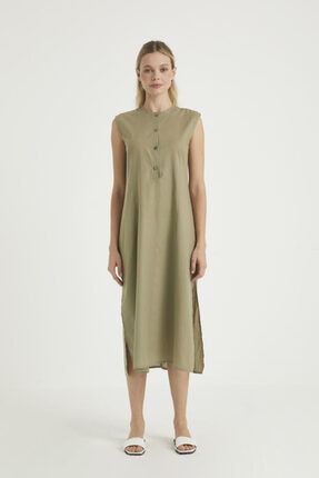 Kadın Haki Pamuk Uzun Önü Düğmeli Astar Elbise MOD014