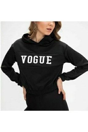 Kadın Siyah Vogue Baskılı Scuba Kumaş Kapüşonlu Beli Lastikli Kısa Sweatshırt A109TLSC