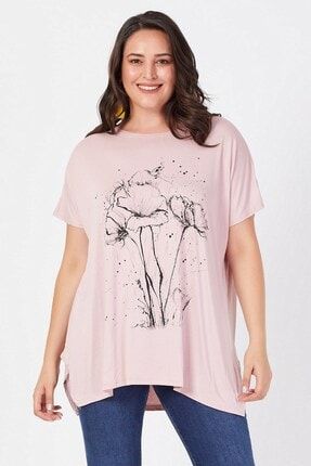 Kadın Pudra Büyük Beden Salaş Deste Çiçek Baskılı T-shirt szn010-tsrt