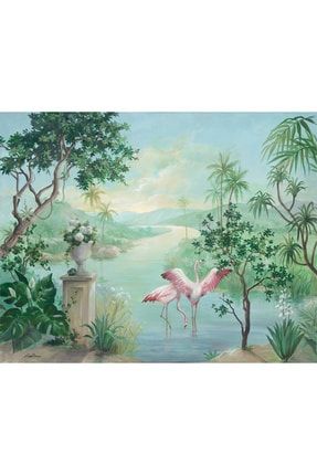 Tropikal Muz Ağaçları Ve Flamingolar Manzara Vinil Duvar Kağıdı Tutkal Hediyeli 300 x 260 cm PALM-0002027