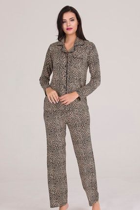 Kadın Chiser Leopar Desenli Düğmeli Uzun Kol Pijama Takımı 021494