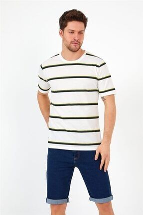 Beyaz-sarı-haki Erkek Çizgili Slim Fit T-shirt-tstczg001r05s TSTCZG001