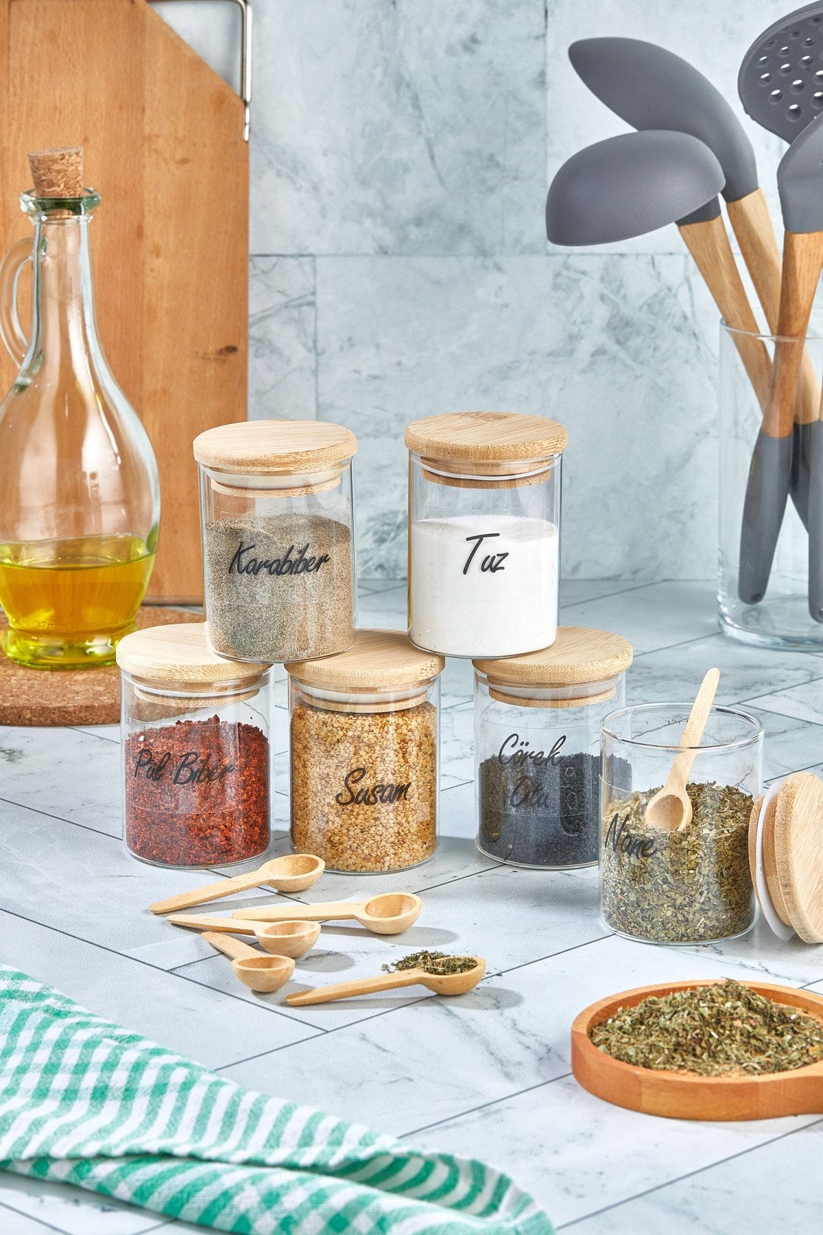 FBZhome-200 ml Labeled Bamboo Lid 6 Pcs Borosilicate Glass Spice Rack and 6 Pcs Spice Spoons 4