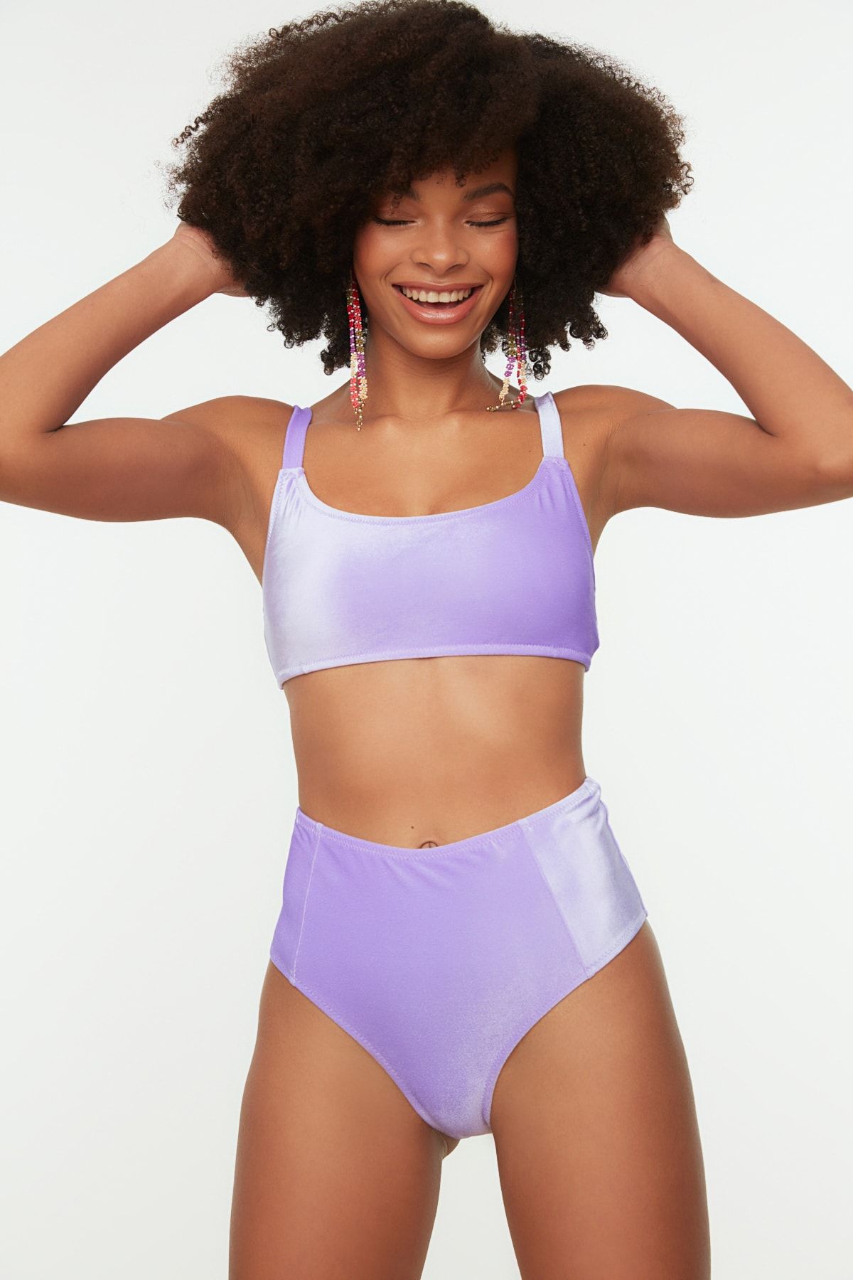 Trendyol Collection Lilac Velvet High Waist Bikini Bottom