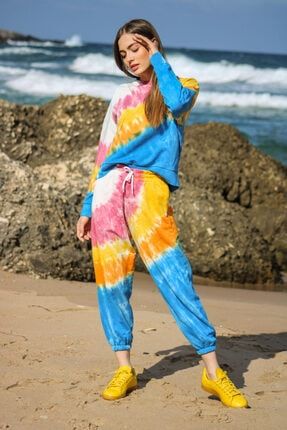 Kadın Çok Renkli Batikli Kalın Şardonsuz Paçası Lastikli Eşofman Takımı ALS-003