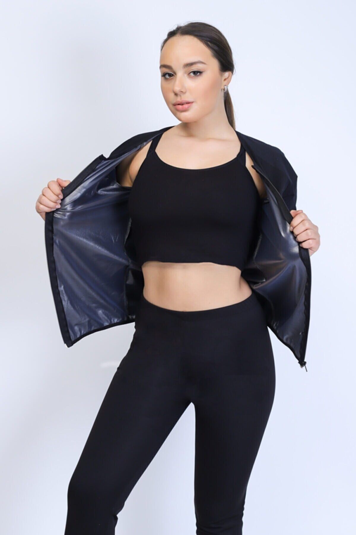 Gençplus Sweet Sweat %100 Orijinal Terleten Zayıflatan Fermuarlı Üst Ve Tayt Takım Kısa Kollu Fermuarlı Takım