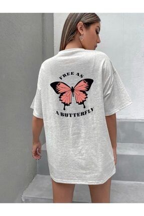 Oversize Gri Free As Butterfly Tişört Freeasbutterfly
