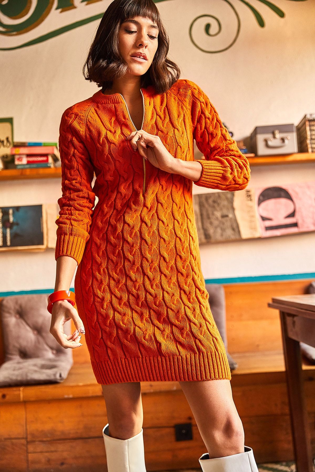 Olalook Geflochtenes Strickkleid mit orangefarbenem Reißverschluss für  Damen ELB-19001362 - Trendyol | Wickelkleider