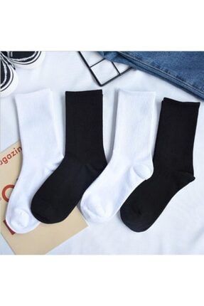 4 Çift Paket Siyah Beyaz Çizgisiz Pamuklu Kolej Tenis Çorabı - cattleya111