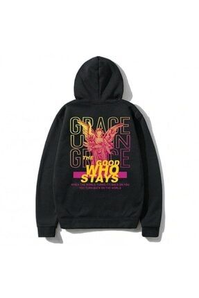 Unisex Grace Siyah Baskılı Kapüşonlu Sweatshirt M&B GRACE