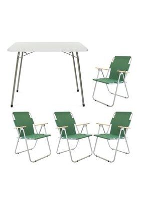 4 Adet Yeşil Tahta Kollu Sandalye 60x80 Beyaz Masa SNLKMP4