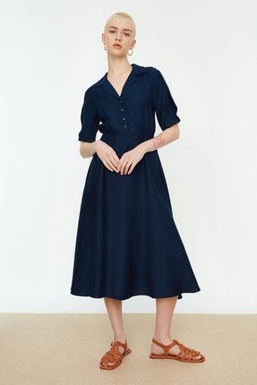 Lacivert Gipe ve Düğme Detaylı Elbise TWOSS21EL1023