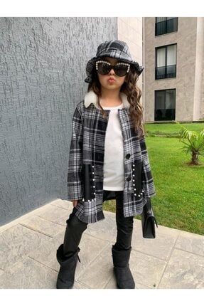 Kız Çocuk Yakası Kürklü Ekose Kaban Siyah Deri Tayt Bluz Ve Şapka Alt Üst 4'lü Takım SYHEKOSE001