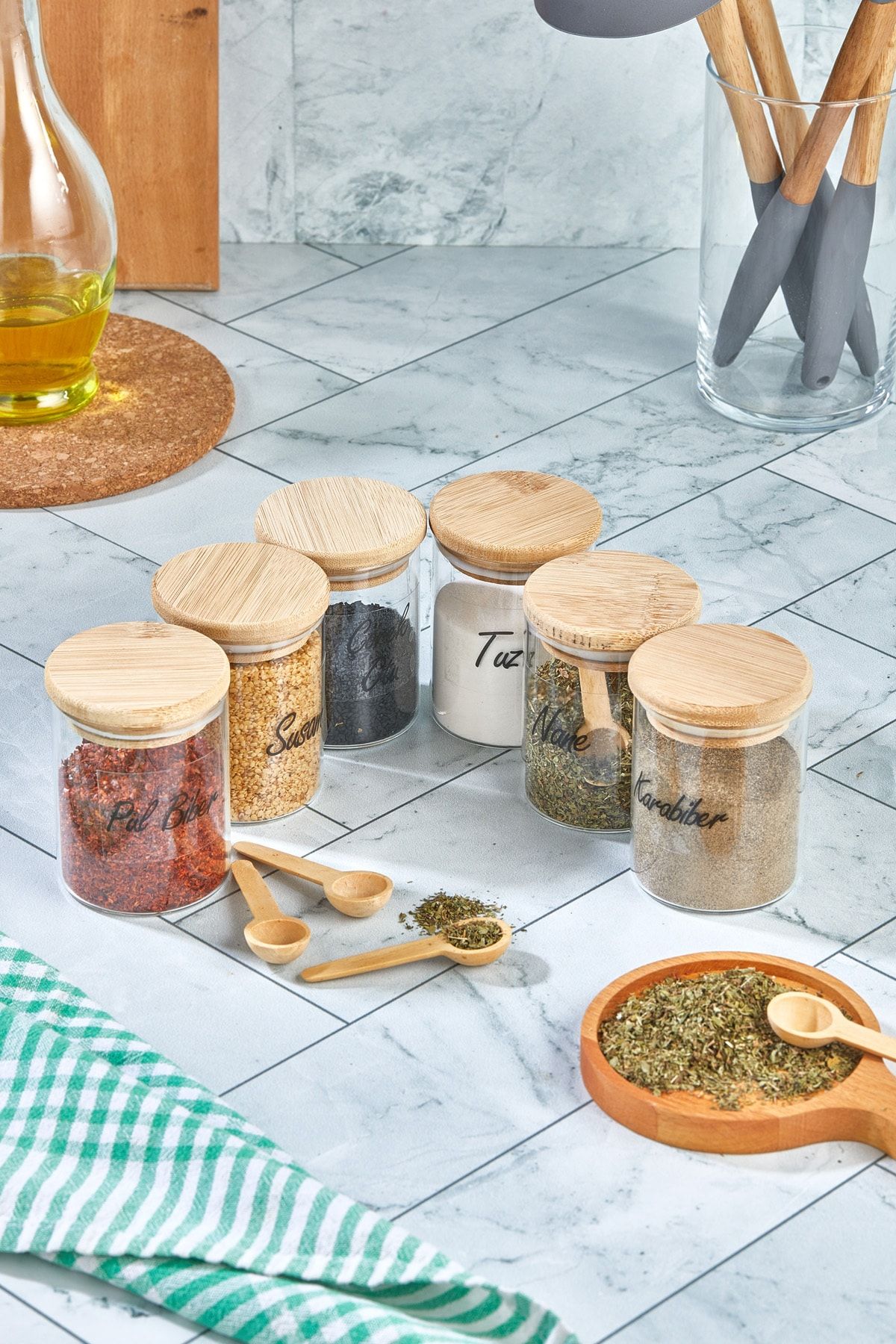 FBZhome-200 ml Labeled Bamboo Lid 6 Pcs Borosilicate Glass Spice Rack and 6 Pcs Spice Spoons 5