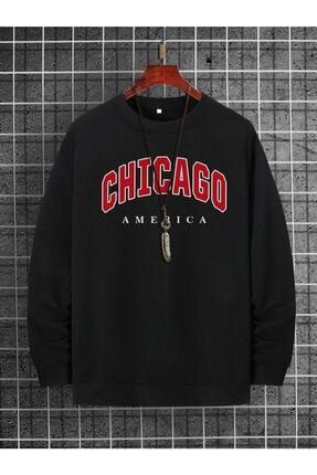 Erkek Siyah Chicago Baskılı Oversize Sweatshirt TWEBROKBS0001