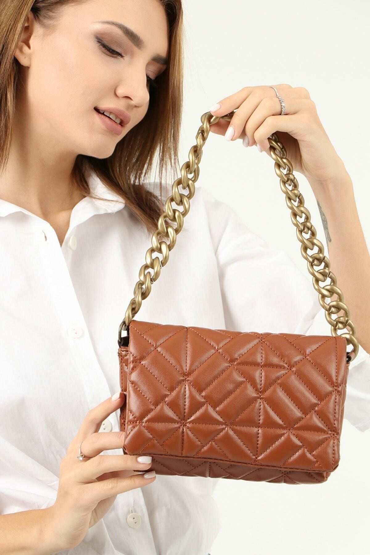 ME ZEN Women s Tan Chain Quilted Shoulder Bag Trendyol