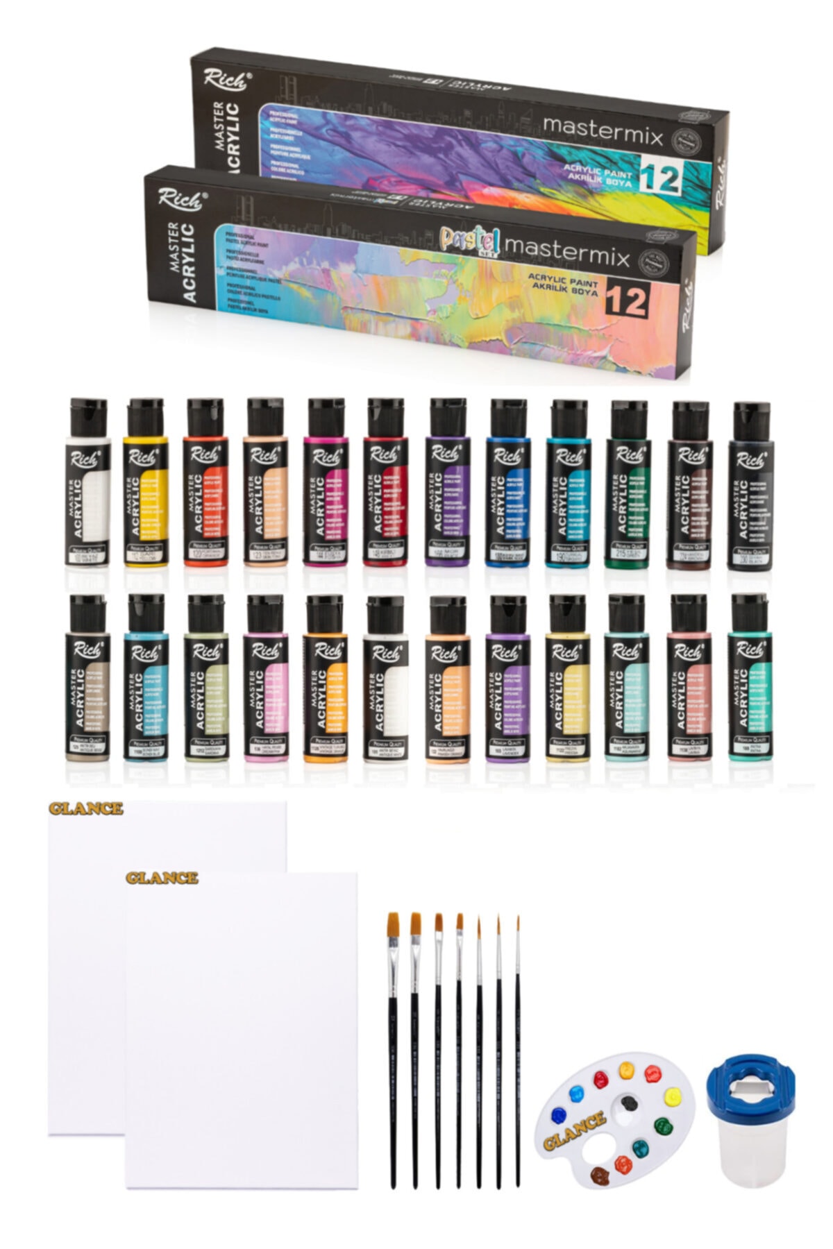 GLANCE Rich Master Mix 60 Cc Akrilik 12 Li (canlı Renkler) (pastel Renkler) Başlangıç Seti
