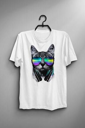 Unisex Beyaz Kedi Model Illüstrasyon Grafik Baskılı Tişört GM0133