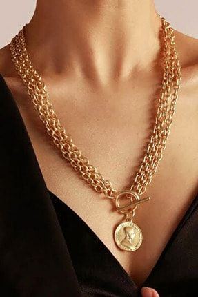 Gold Kaplama Uzun Çoklu Zincir Madalyon Kolye KP2969
