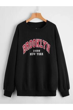 Erkek Brooklyn Baskılı Siyah Oversize Sweatshirt TWEBROKBS0001
